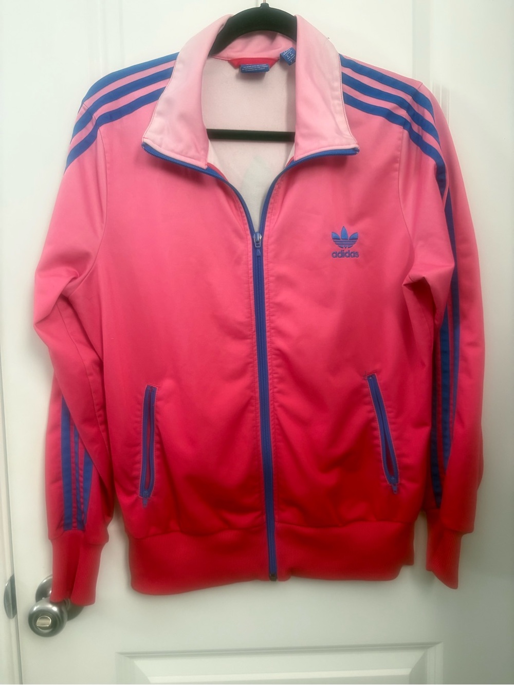 adidas Pink Jacket with Blue Stripes and Trefoil
